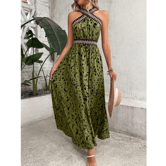 Allover Print Contrast Tape Split Thigh Maxi Dress Green - Picture 3 of 6